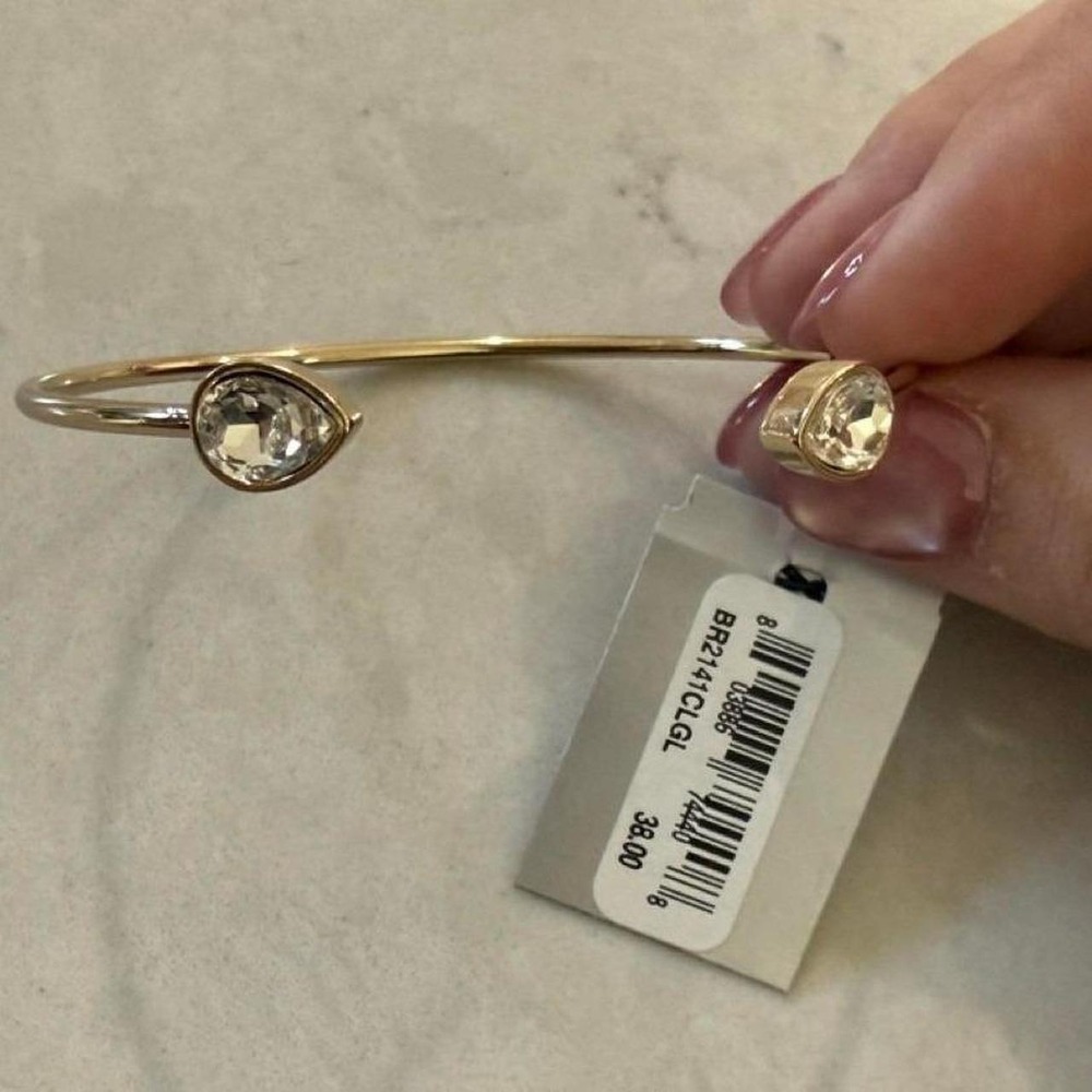 Sequin Gold Tone Open Cuff Bracelet Clear Crystal Teardrop & Round NWT